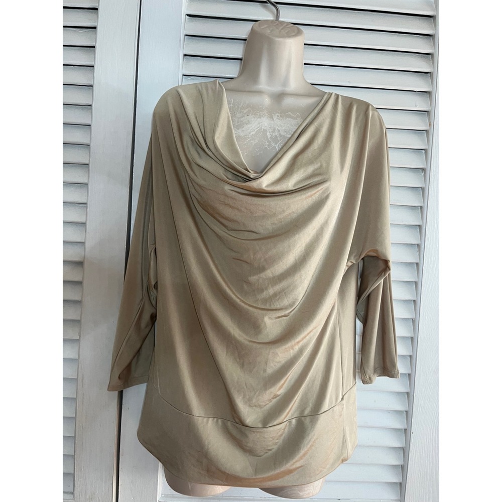 New York & Company Stretch Cowl Neck Top Champagne Gold  Blouse Medium